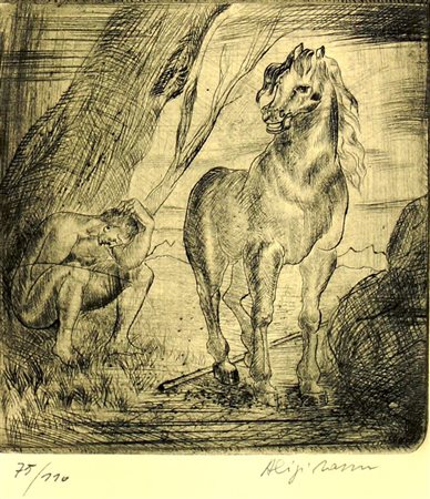 SASSU ALIGI Milano 1912 - 2000 "Cavallo e figura" 11,3x11 incisione, es....