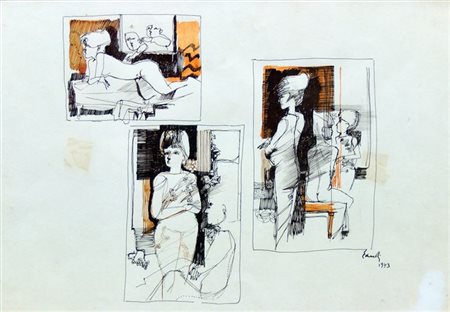 EANDI FERNANDO Torino 1926 "Studi di figure" 1973 23,5x34 tecnica mista su...