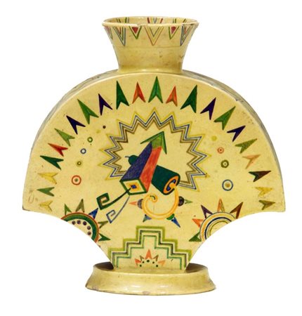 VASO IN CERAMICA policroma, struttura a forma di ventaglio, 1930, decori...