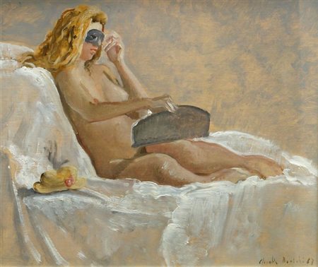 BONICHI CLAUDIO Novi Ligure (AL) 1943 "Nuda con maschera" 1987 35x41 olio su...