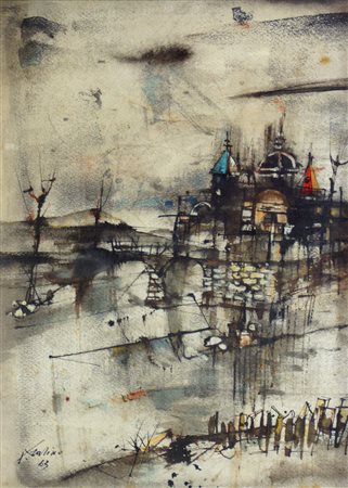 GARINO PIERO Leinì (TO) 1922 - 2009 Torino "Duomo nel paesaggio" 1963 35x26...