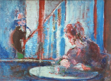 SASSU ALIGI Milano 1912 - 2000 "Caffé - In vetrina " 1957 29x39 olio su...