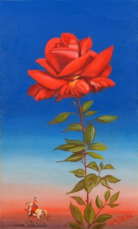 GAZZERA ROMANO Ciriè (TO) 1908 - 1985 "Rose rosse e cavaliere" 1975 50x30...