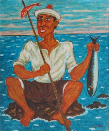 MIGNECO GIUSEPPE Messina 1908 - 1997 Milano "Pescatore con pesce" 1983 55x45...