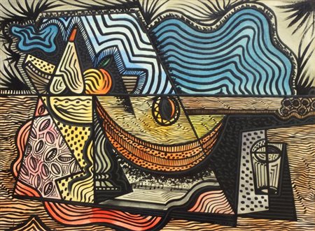 ORIANI PIPPO Torino 1909 - 1972 Roma "Mandolino e fruttiera" 50x60 olio su...