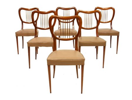 PRODUZIONE ITALIANA Sei sedie in legno e seduta imbottita. Anni '50 cm 90x46x43