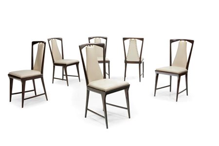 BORSANI OSVALDO Sei sedie in legno di mogano e ottone, imbottitura rivestita...