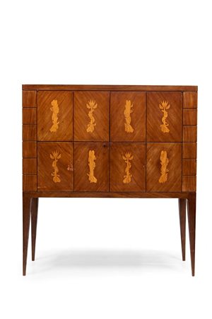 BUFFA PAOLO Mobile bar in legno di noce con ante decorate a intarsi, interno...