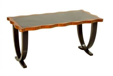 BEGA MELCHIORRE Tavolino in legno con piano in vetro trasparente molato, Anni...