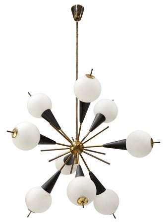 STILNOVO Lampada a sospensione in ottone, metallo laccato e vetro. Prod....