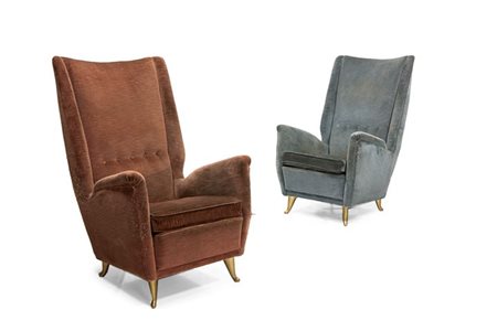 I.S.A Coppia di importanti poltrone con imbottitura rivestita in velluto e...