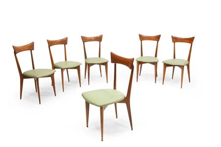 PARISI ICO Sei sedie in legno di mogano e skai imbottito. Prod. Ariberto...