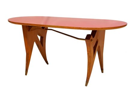 BEGA MELCHIORRE Tavolo in legno sagomato e piano in cristallo trasparente...