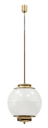 CHIAVALLOTTI Lampada a sospensione in ottone con due elementi in vetro...
