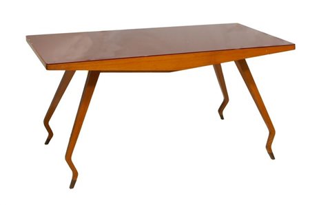 BEGA MELCHIORRE Tavolo in legno di acero, piano in vetro colorato e puntali...
