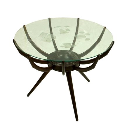 DE CARLI CARLO Tavolino con struttura in legno e piano in cristallo molato...