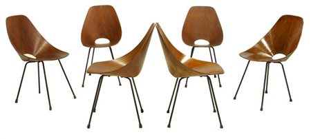 NOBILI VITTORIO Medea Sei sedie in compensato curvato, gambe in metallo...