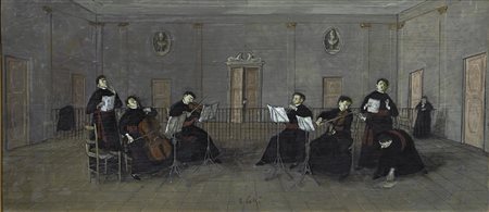 Nino Caffè (Alfredina, 1909 - Pesaro, 1975) PICCOLO QUARTETTO Olio su tavola,...