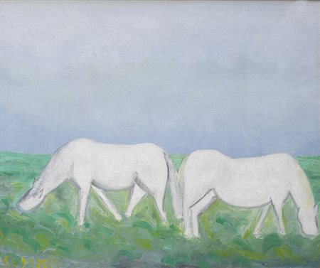 Giuseppe Cesetti (Tuscania, 1902 - 1990) CAVALLI Olio su tela, cm. 55,5x46...