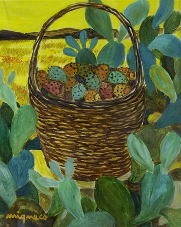 Giuseppe Migneco (Messina, 1908 - Milano, 1997) CESTO DI FICHI D’INDIA, ANNI...