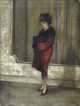 Alberto Sughi (Cesena, 1928) IL CAPPOTTO ROSSO Olio su tela, cm. 80x60 Firma...