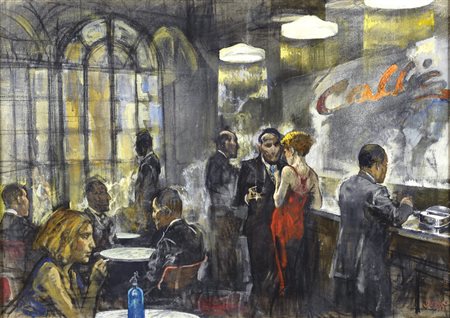 Alberto Sughi (Cesena, 1928) CAFFÈ ROMA Olio e carboncino su tela, cm. 50x70...