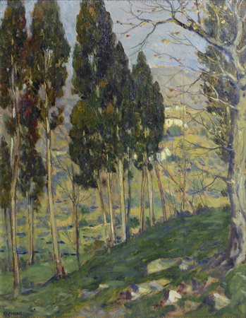 Galileo Chini (Firenze, 1873 - 1956) I CIPRESSI DI RETICAIA Olio su...