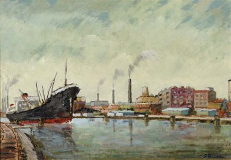 ANONIMO Canale delle navi Marghera 1978 olio su tavola 38x55 firma non...