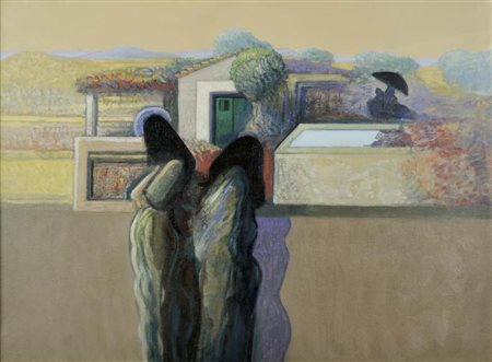 PICKING JOHN Lancashire 1939 Village shadow 1995 olio su tela 60x80 firma...