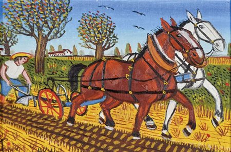 PANIZZA GIUSEPPE Reggiolo 1923 Aratura olio su cartone telato 10x15 firma in...