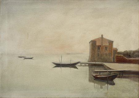 DINON MARIO Venezia 1914 - 1967 Paesaggio con barche (metà anni '60) olio su...