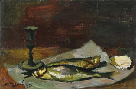 VARAGNOLO MARIO Venezia 1901 - 1971 Natura morta con pesci 1970 olio su tela...