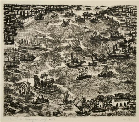 ZANCANARO TONO Padova 1906 - 1985 Il porto di Shanghai 1957 puntasecca es....
