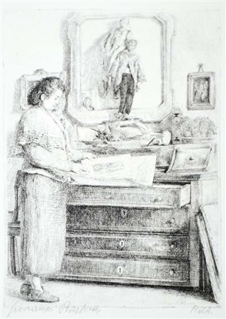 BARBISAN GIOVANNI Treviso 1914 - 1988 Donna che guarda delle stampe 1952...