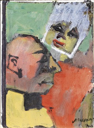 Mino Maccari Siena 1898 - Roma 1989 Conversazione Olio su lastra di metallo,...