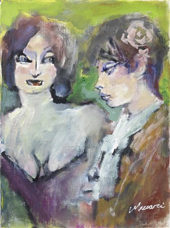 Mino Maccari Siena 1898 - Roma 1989 Figure Olio su cartone telato, cm. 40x30...