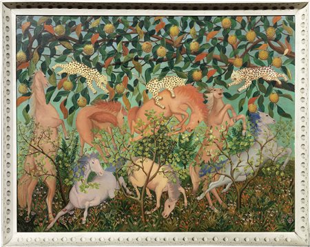 Lawrence Lebduska Baltimora 1894 - 1966 Jungle Tapestry Olio su tavola, cm....