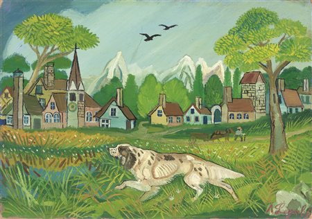 Antonio Ligabue Zurigo 1899 - Gualtieri (RE) 1965 Paesaggio con cane Olio su...