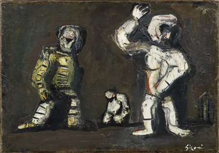 Mario Sironi Sassari 1885 - Milano 1961 Astronauti, (1950) Olio su cartoncino...