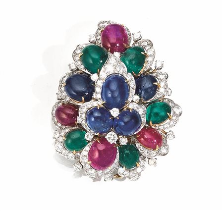 Spilla, Bulgari, fine anni '60, in oro bianco, oro giallo, diamanti, rubini,...