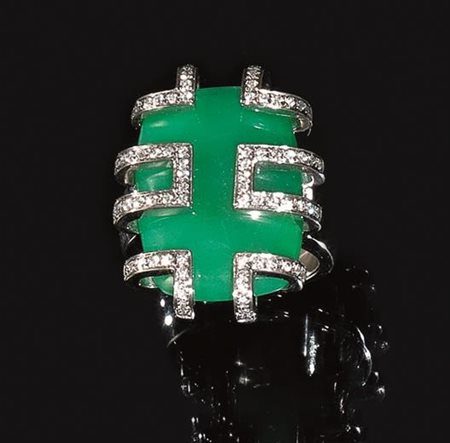 Anello in oro bianco, calcedonio e diamanticon calcedonio crisoprasio...