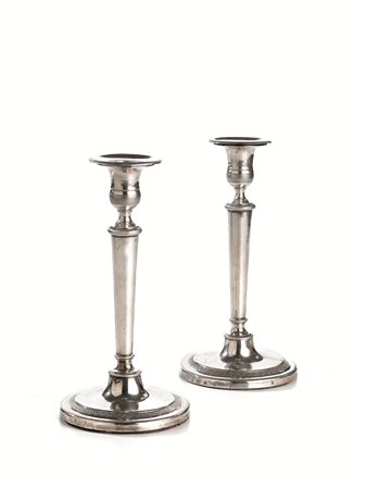COPPIA DI CANDELIERI, TORINO, FINE SEC. XVIII-INIZI SEC. XIX, SAGGIATORE...