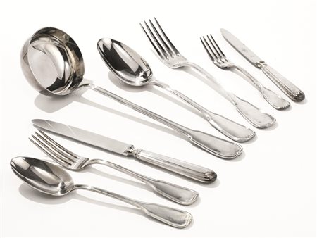 Servito di posate, SEC. XXin argento con manici con finale a ricciolo,...