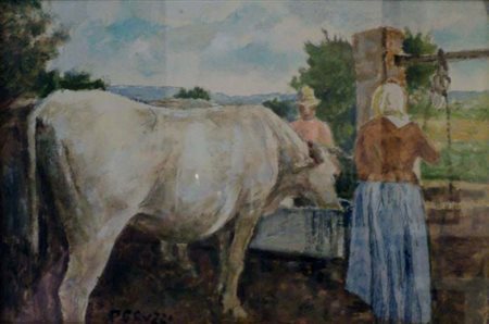 CESARE PERUZZI L’abbeveraggio 1970 olio su tela cm20x30 Opera Autenticata