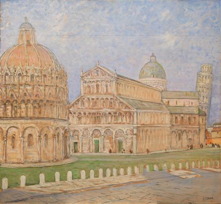 Galileo Chini(Firenze 1873 - 1956)LA BASILICA D'OPALEolio su tavola, cm 63 x...