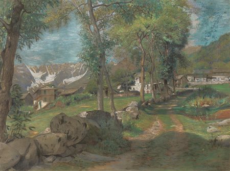 Marco Calderini(Torino 1850 - 1941)ALBERI E CASE SOTTO LE ALPIpastello su...