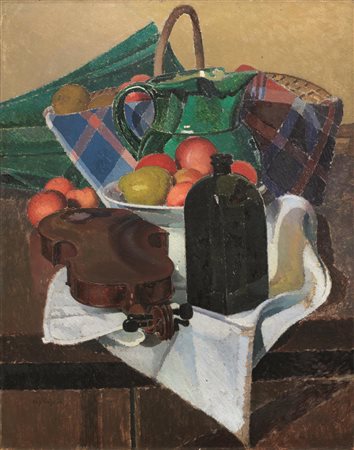 Oscar Ghiglia(Livorno 1876 - Firenze 1945)NATURA MORTA CON FRUTTA, BOTTIGLIA...