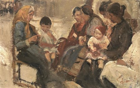 Cesare Ciani(Firenze 1854 - 1925)DONNE CON BIMBIolio su tela applicata su...