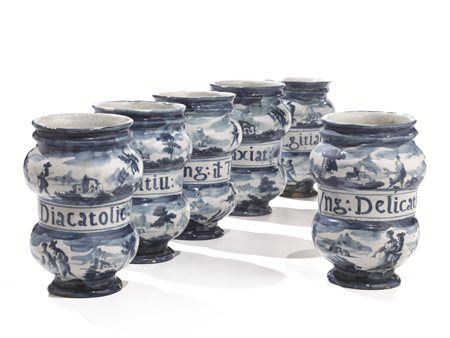 SEI ALBARELLI, SAVONA, MANIFATTURA CHIODO, SECOLO XVIII,in maiolica dipinta a...