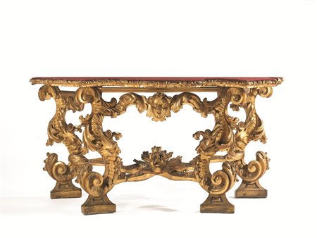 Console, Italia centrale, prima metà sec. XVIIIin legno intagliato e dorato,...